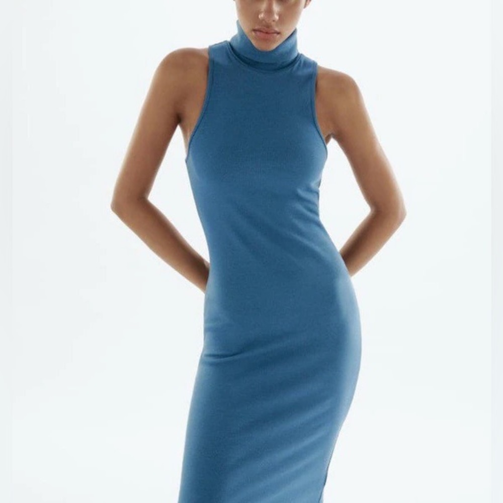 NEVER WORN Zara Midi Mock Turtleneck Dress - Blue, Medium 95% COTTON